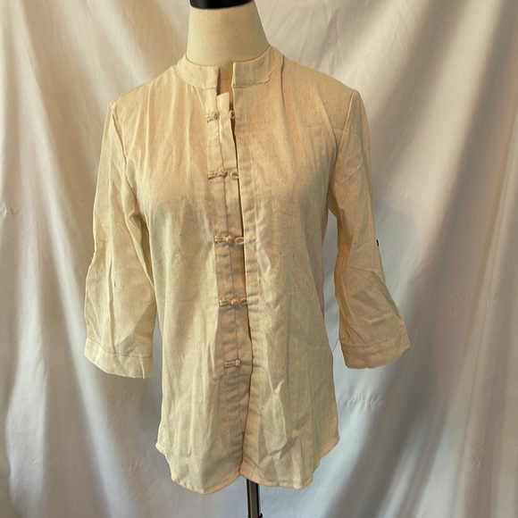 Tan Linen/Canvas Shirt with Mandarin Collar - Picture 2 of 7